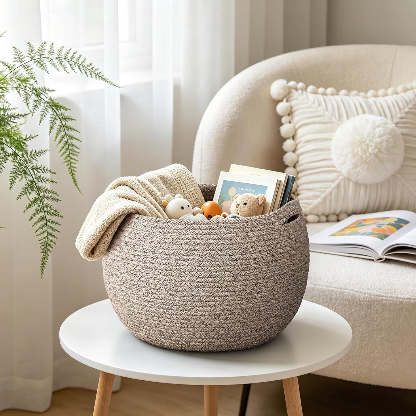 Goodpick Wicker Storage Basket for Living Room, Small Round Woven Basket for Toys, Towel, Bedroom, Children Corner Decoration Plant Baskets Indoor, Jute, 10"D x 8.3"H