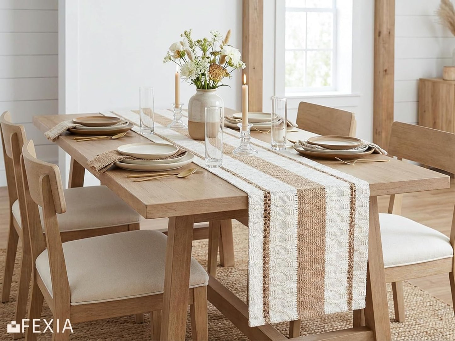 FEXIA Boho Table Runner for Thanksgiving Fall Christmas Home Decor with Tassels 72 Inches Long Pottery barn Furniture Farmhouse Rustic Macrame Burlap Table Decoration for Living Room (12x72 Inches)