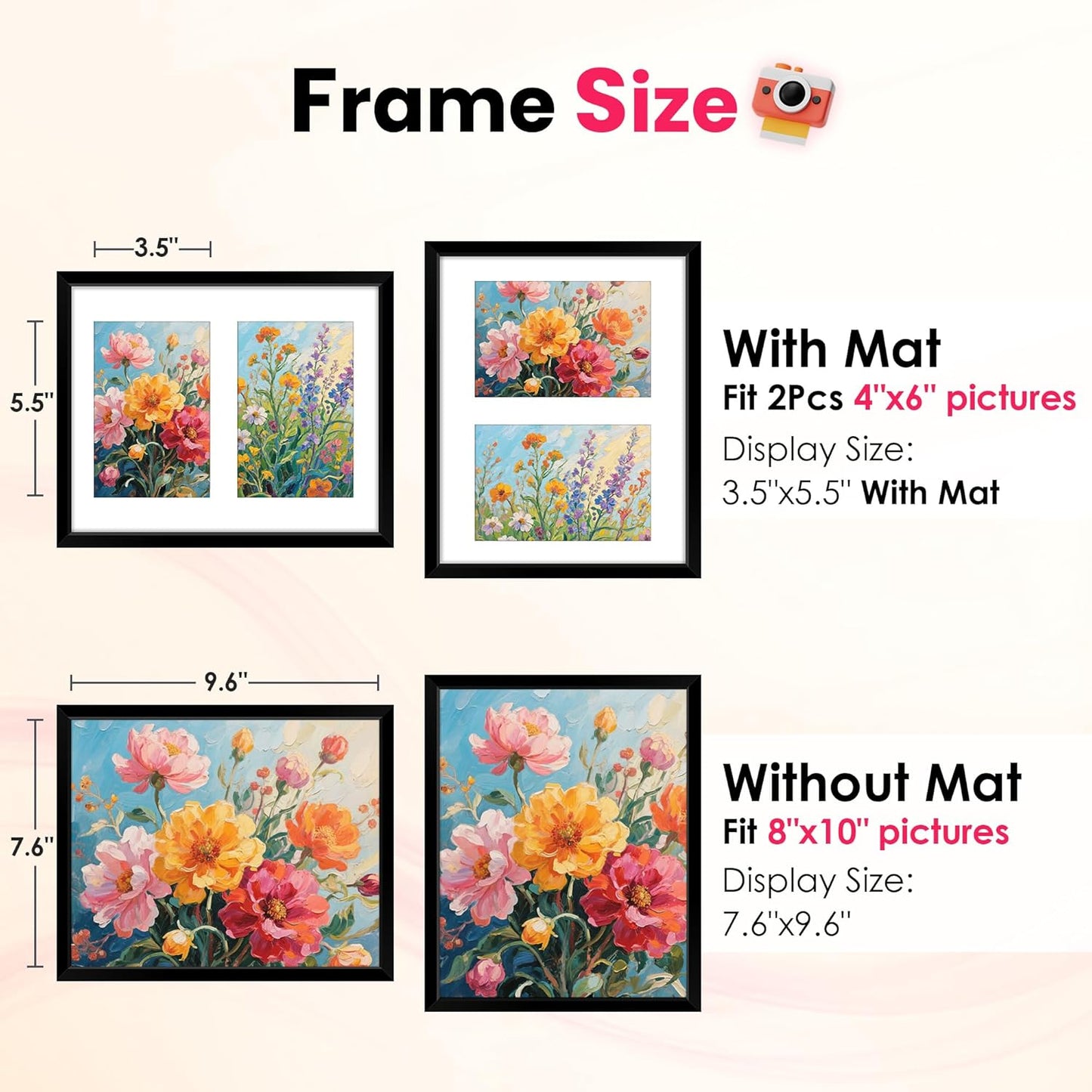 FIXSMITH 8x10 Picture Frame Set of 2, Photo Frame with HD Plexiglass, Display Pictures 5x7 with Mat or 8x10 Without Mat Multi Picture Frames Collage for Tabletop or Wall Display, Black