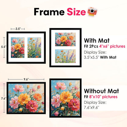 FIXSMITH 8x10 Picture Frame Set of 2, Photo Frame with HD Plexiglass, Display Pictures 5x7 with Mat or 8x10 Without Mat Multi Picture Frames Collage for Tabletop or Wall Display, Black