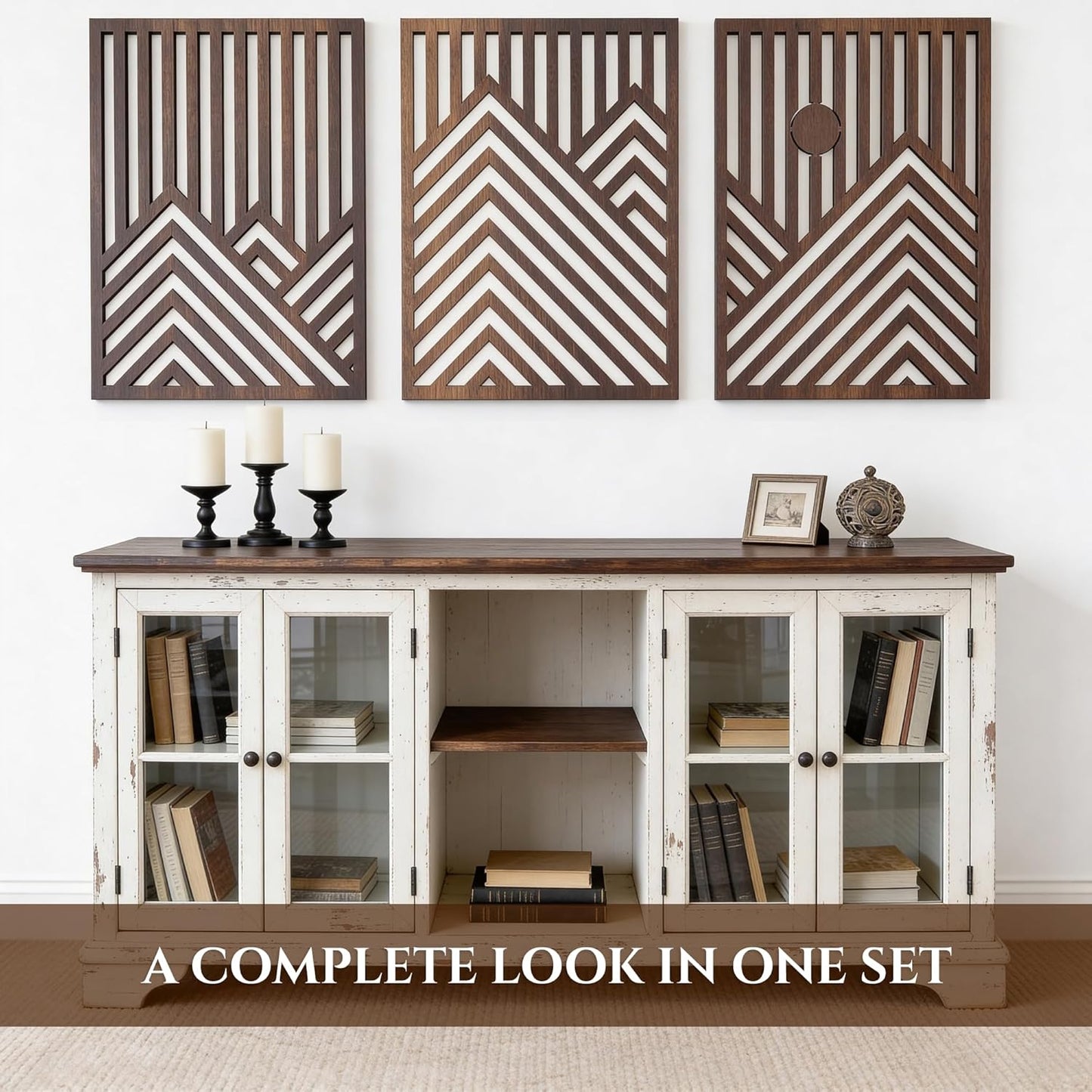 qmmp Modern Wooden Wall Sculptures - Set of 3 - Home Decor Accent - Large Wall Art for Living Room, Bedroom, Office - Easy Installation (Oak, Medium - Mountain and Sun)