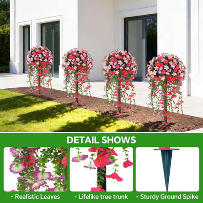 Artificial Lavender Topiary Ball Trees, 2 Set of UV Resistant Fake Evergreen Shrubs Bushes Plants with Ground Spike, Fake Plants for Outdoor Indoor Front Porch Garden