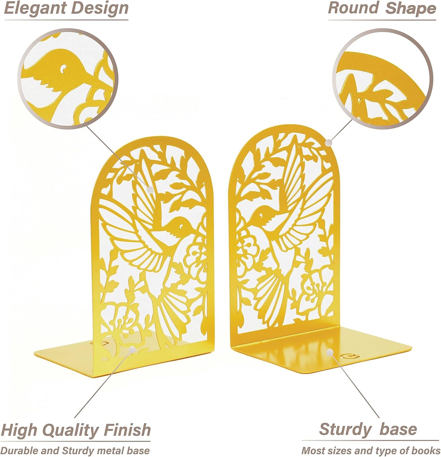 CNK Premium BookEnds - Heavy Duty Metal Book Stoppers for Home Office, Decorative Book Shelf Holders (Hummingbird Black)
