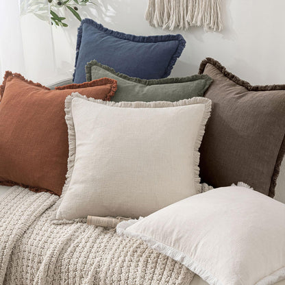 MIULEE Decorative Throw Pillow Covers Neutral Linen Fringe Throw Pillows Set of 2 Natural Beige Boho Farmhouse Cushion Covers with Tassels for Couch Sofa Bed Spring Home Decor 20x20 Inch
