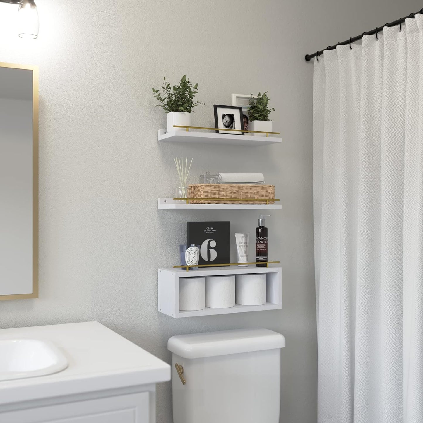 WOPITUES Floating Shelves for Wall with Cube Shelf, Wall Shelves with Metal Rail for Bathroom Decor, Bathroom Organizers and Storage, Over Toilet Shelves for Toilet Paper-Black