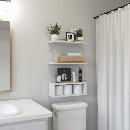 WOPITUES Floating Shelves for Wall with Cube Shelf, Wall Shelves with Metal Rail for Bathroom Decor, Bathroom Organizers and Storage, Over Toilet Shelves for Toilet Paper-Black