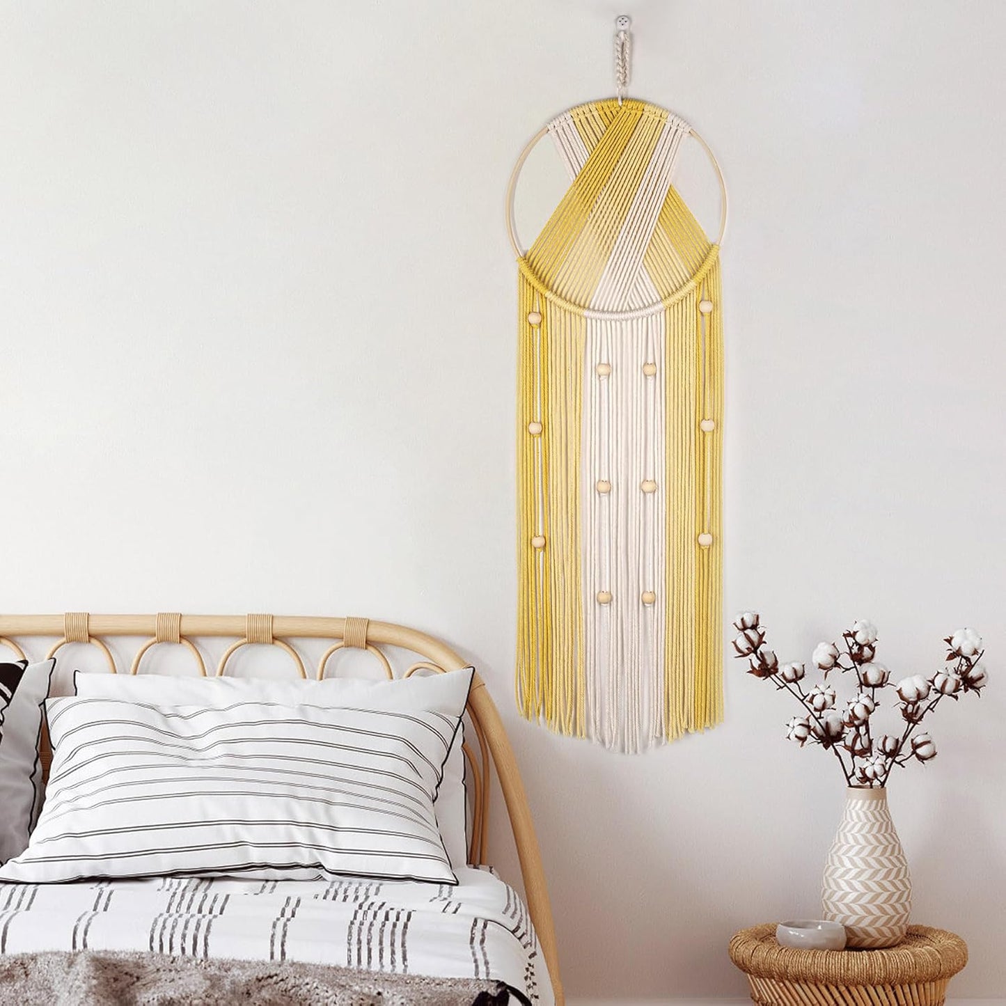 LB Boho Macrame Wall Hanging - Green and Beige Handmade Cotton Woven Decor, Modern Geometric Bohemian Tapestry Wall Decor for Bedroom Living Room Home (31.5"x9.84") Nature-Inspired Room Decor