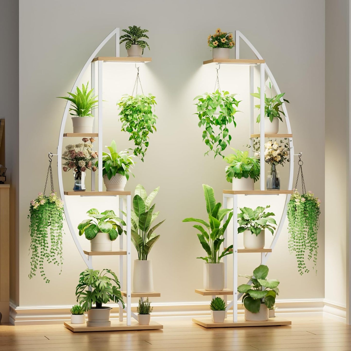 BACEKOLL Plant Stand Indoor with Grow Lights, 6 Tiered Tall Plant Shelf, 63" Metal Plant Stand for Indoor Plants Multiple, Half-Moon Plant Rack Display Shelf, 2 Pcs Plant Holder for Living Room, Patio