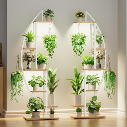 BACEKOLL Plant Stand Indoor with Grow Lights, 6 Tiered Tall Plant Shelf, 63" Metal Plant Stand for Indoor Plants Multiple, Half-Moon Plant Rack Display Shelf, 2 Pcs Plant Holder for Living Room, Patio