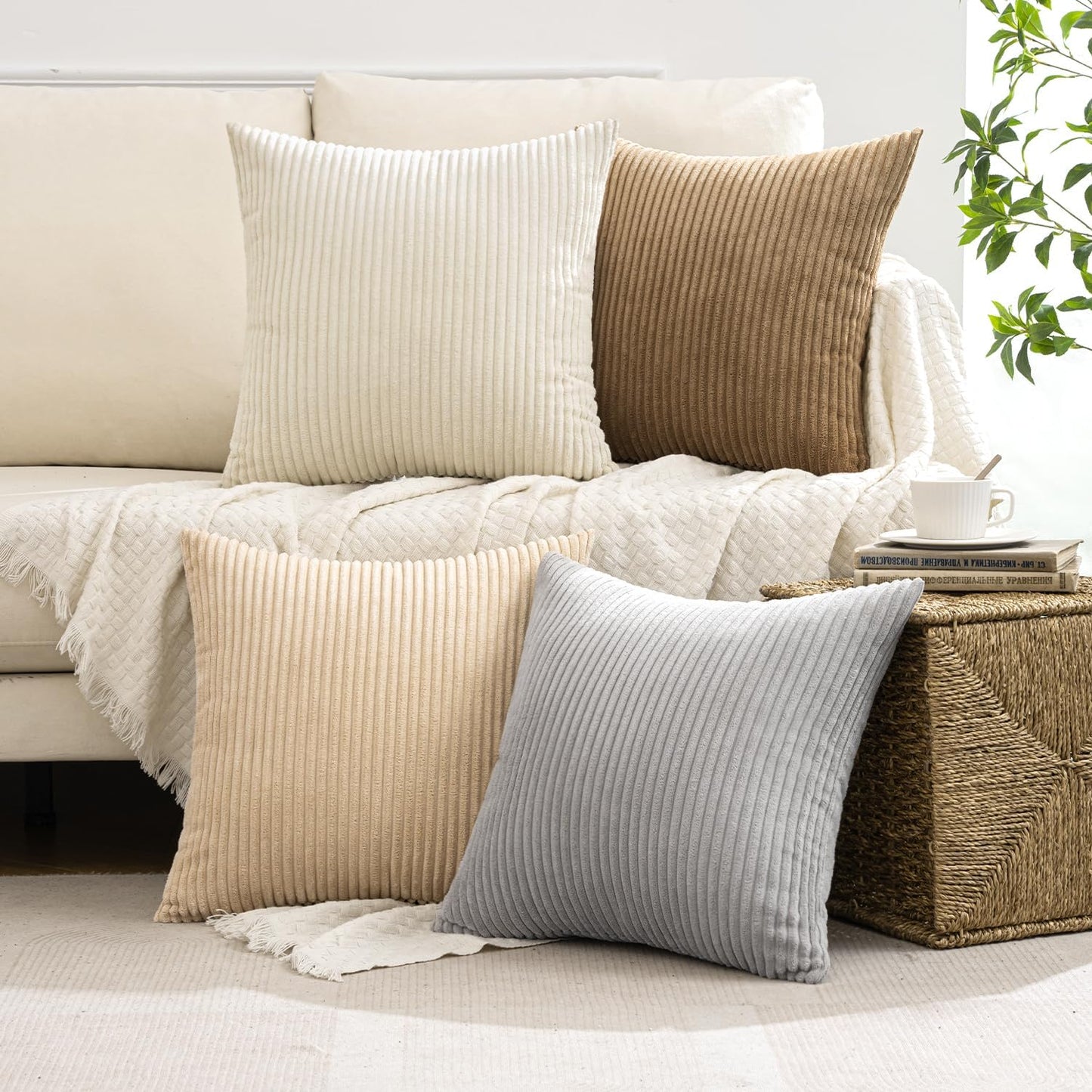 MIULEE Boho Farmhouse Sage Green Throw Pillow Covers 18x18 Inch Set of 4 Mordern Nordic Cushion Covers Soft Corduroy Spring Home Decor for Couch Bed Sofa Living Room Forest Green