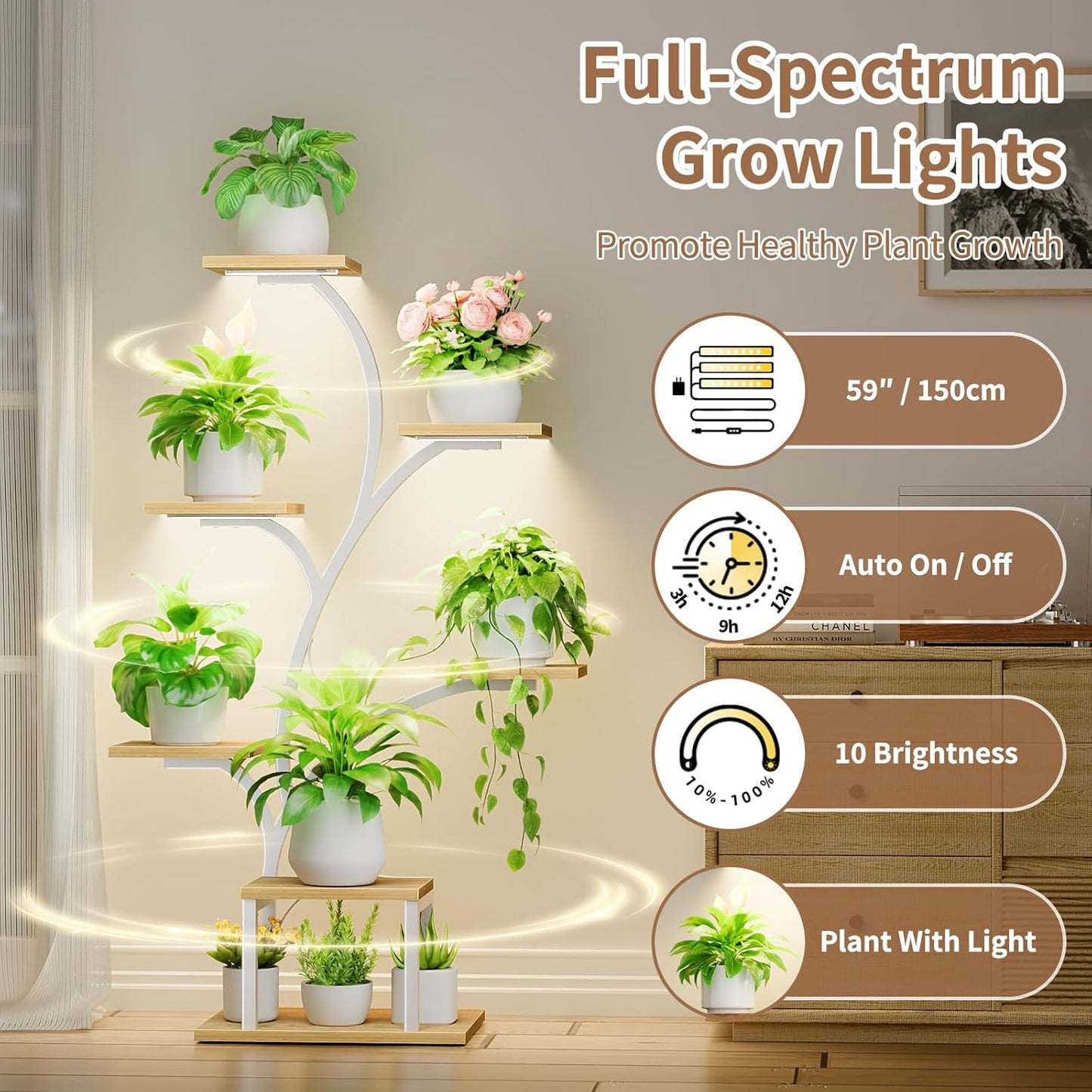 BACEKOLL Plant Stand Indoor with Grow Lights, 7 Tiered Indoor Plant Shelf, 49" Corner Plant Stands for Indoor Plants, Metal Plant Flower Display Shelf, Tree-Shaped Plant Rack for Home, Patio, Brown