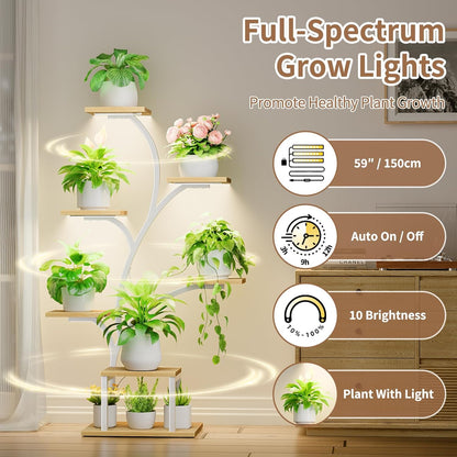 BACEKOLL Plant Stand Indoor with Grow Lights, 7 Tiered Indoor Plant Shelf, 49" Corner Plant Stands for Indoor Plants, Metal Plant Flower Display Shelf, Tree-Shaped Plant Rack for Home, Patio, Brown