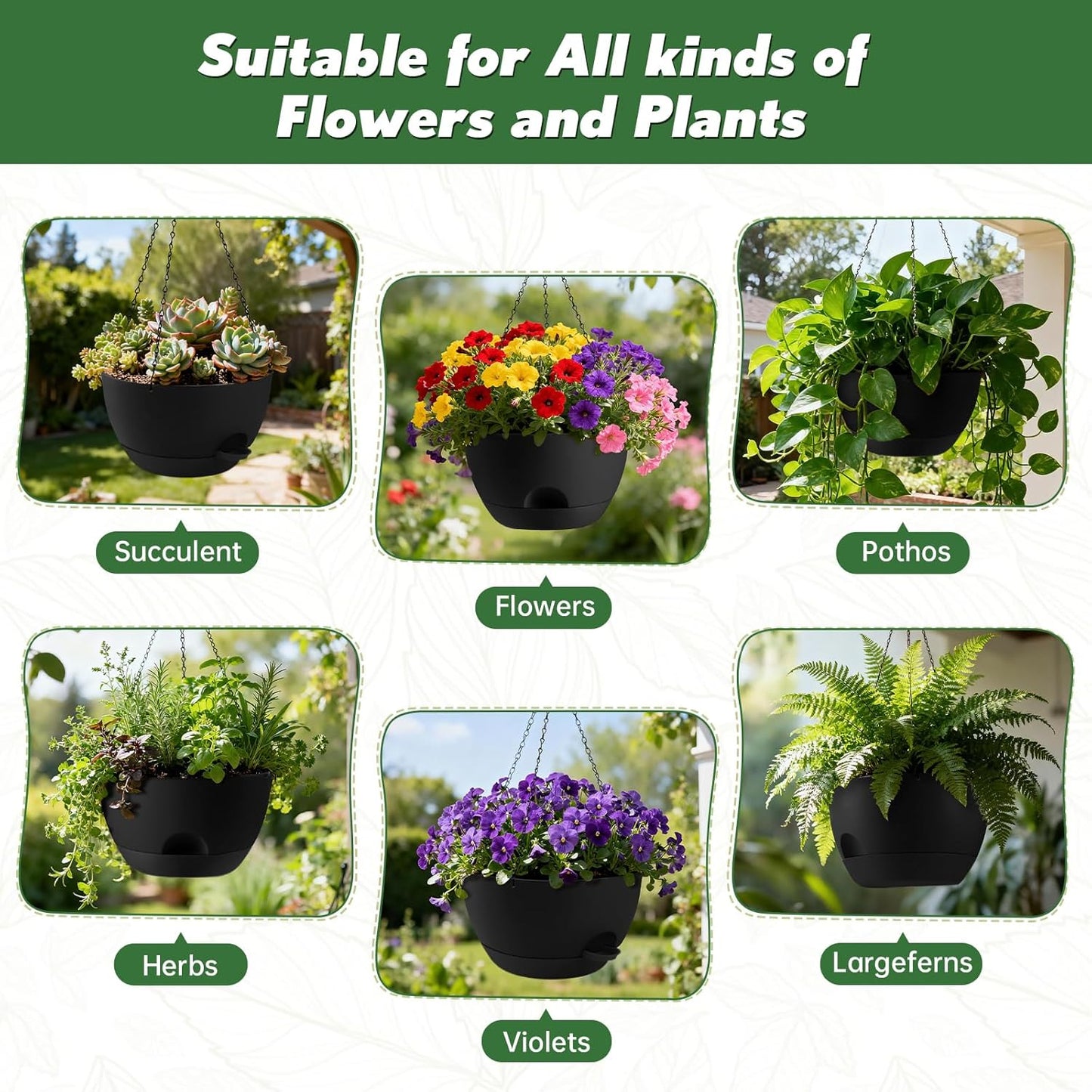 3-Piece Set of 10-Inch Hanging Planters with Automatic Watering System and Drip Tray, Includes Metal Chain, Suitable for Various Indoor and Outdoor Plants and Flowers, Green Brown