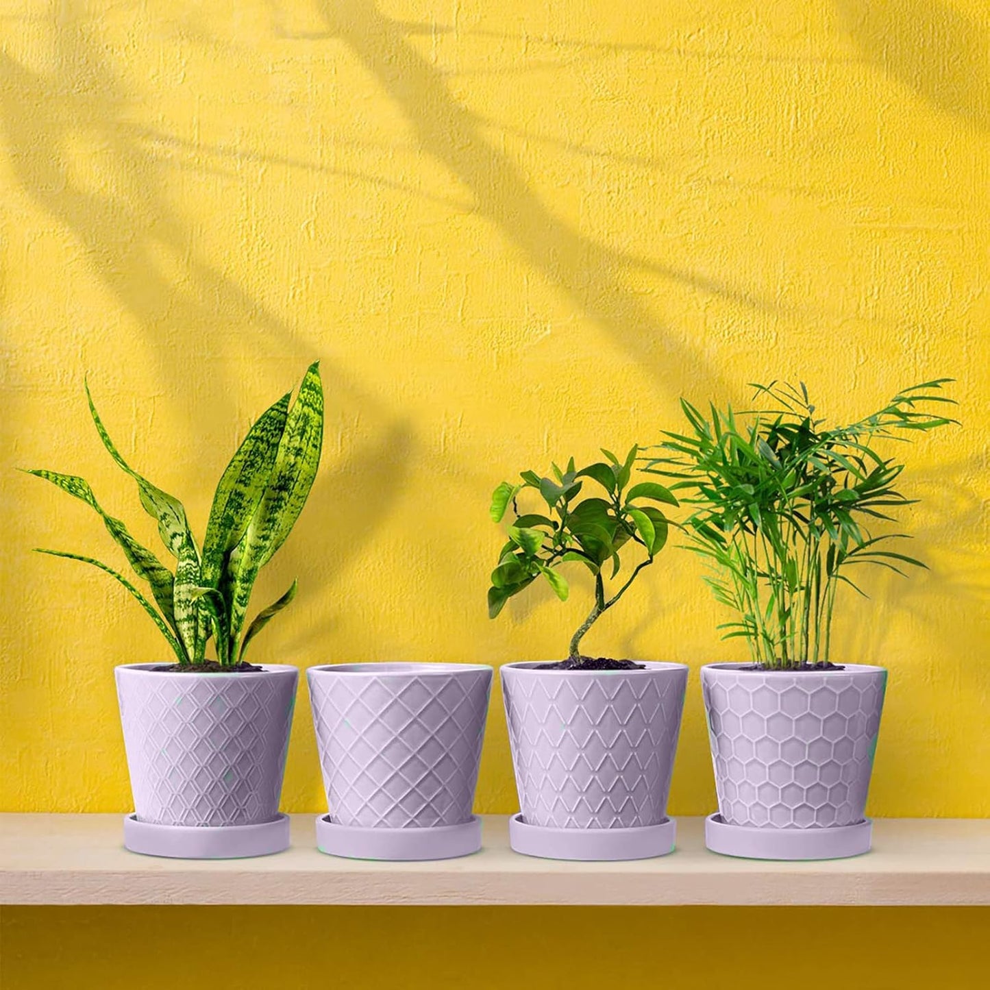 BUYMAX Plant Pots Indoor –5 inch Ceramic Flower Pot with Drainage Hole and Ceramic Tray - Gardening Home Desktop Office Windowsill Decoration Gift, Set of 4-Plants NOT Included (Patina)