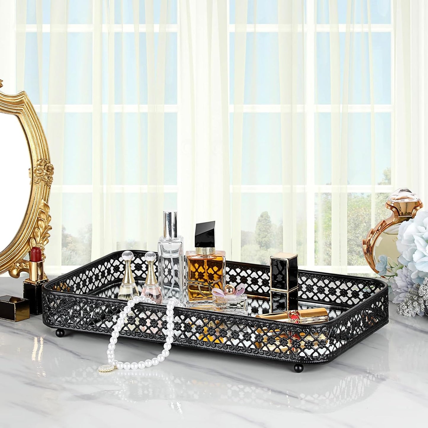 ELLDOO Perfume & Makeup Vanity Tray - Hollow-Carved Jewelry Storage, Glass & Metal Trinket Organizer for Dresser & Bathroom Countertop, Gold, Medium Size