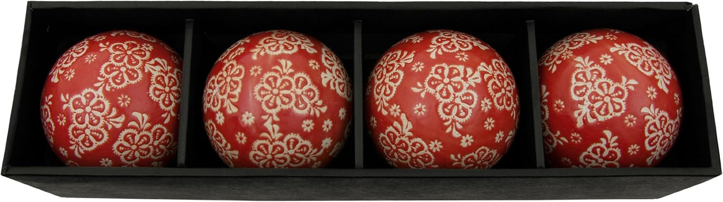 Red Lantern 4" Porcelain Ball Set - Set of 4 Decorative Balls, Red and Beige Vines