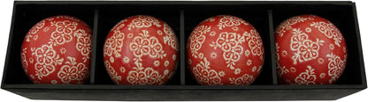 Red Lantern 4" Porcelain Ball Set - Set of 4 Decorative Balls, Red and Beige Vines