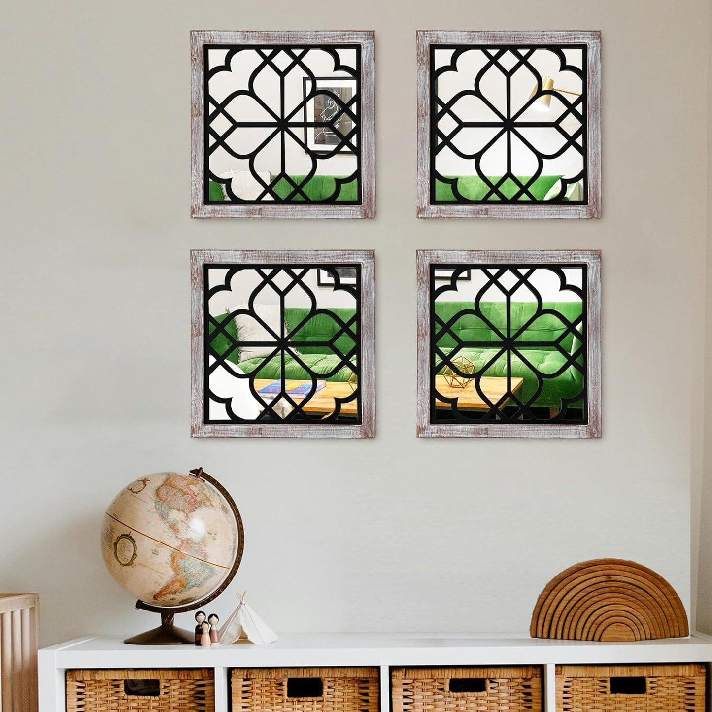 ZEXUIRU 4 Set. Rustic Wall Mirrors for Bedroom Bathroom Living Room Entryway Wood Farmhouse Square Easy to Hang Framed Decorative Accent Hanging Wall-Mounted Mirror Set for Living Room - Black