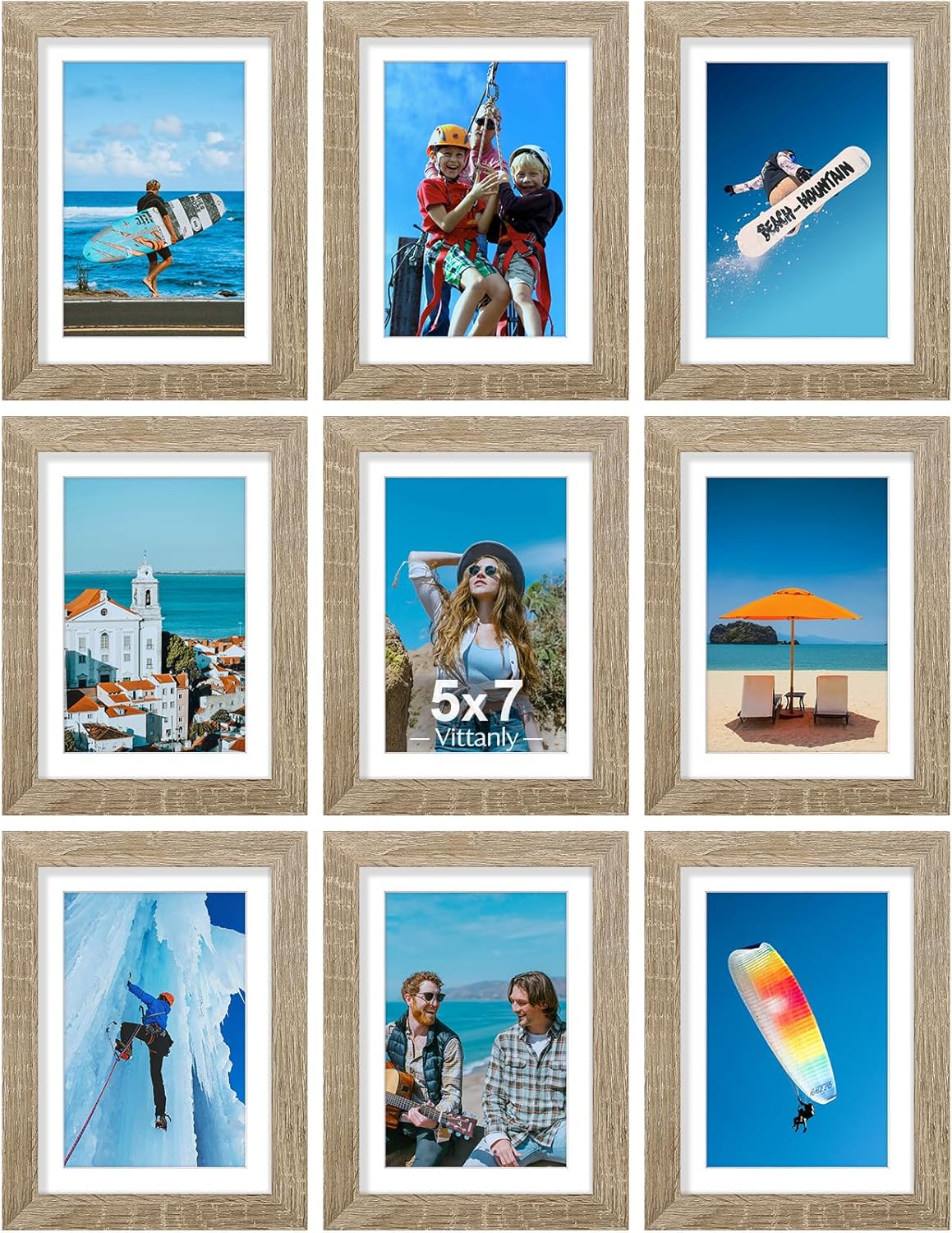 Vittanly 8x10 Picture Frames Set of 9, Shatter Resistant Plexiglass, Display 5x7 Pictures with Mat or 8x10 without Mat, Photo Frames for Wall or Tabletop, Engineered Wood, Black - Colors B