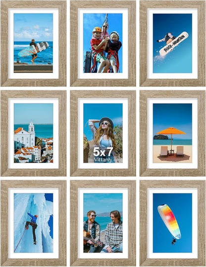 Vittanly 8x10 Picture Frames Set of 9, Shatter Resistant Plexiglass, Display 5x7 Pictures with Mat or 8x10 without Mat, Photo Frames for Wall or Tabletop, Engineered Wood, Black - Colors B