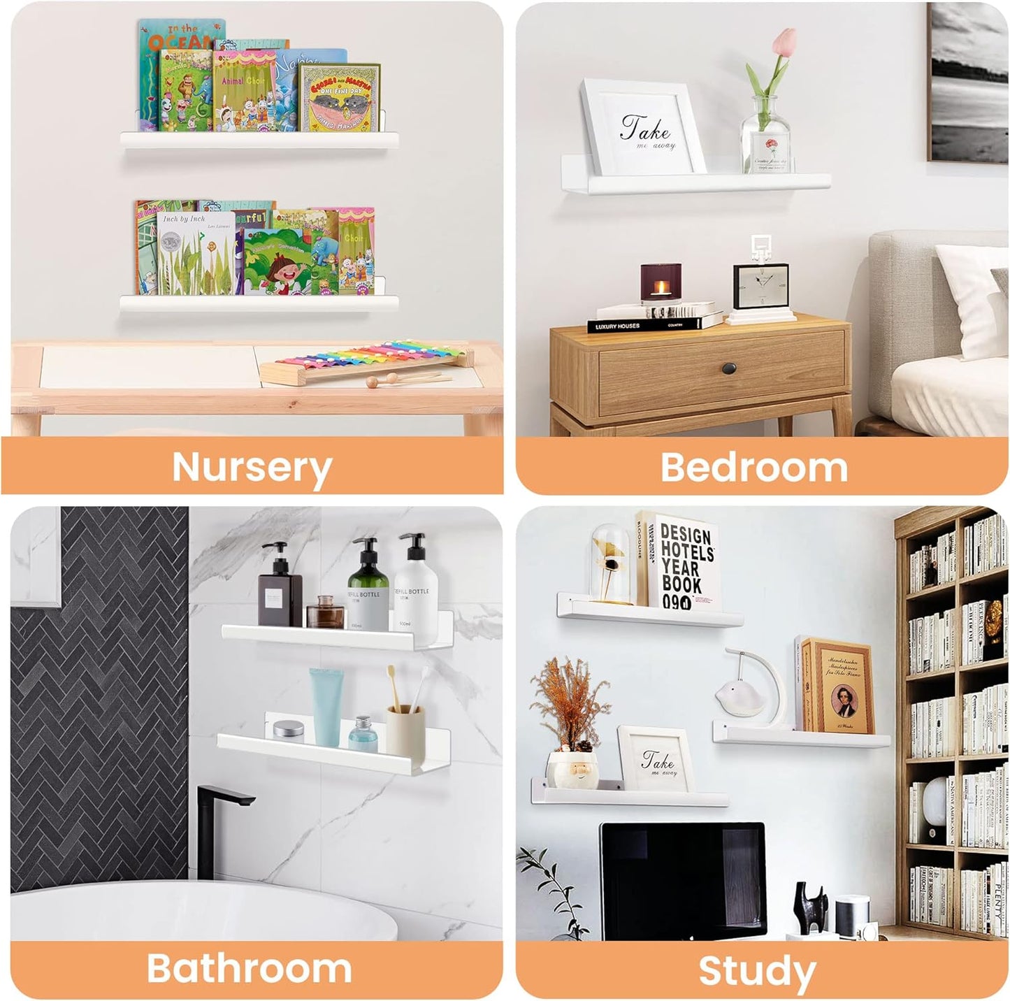 upsimples Acrylic Shelves for Bathroom Storage, 15" Floating Shelves Wall Organizer for Perfume, Make up, Skincare, Kids Bookshelf for Bedroom, Nursery, Living Room Decor, Clear, 4 Pack
