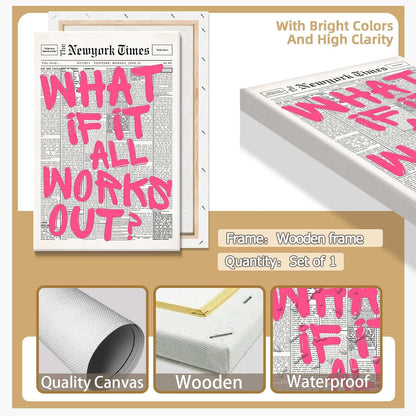 Retro Black And White Newspaper Poster What If It All Works Out Canvas Wall Art Positive Affirming Quote Minimalist Prints Painting For Home Bedroom Dorm Wall Decor 12x16in Unframed