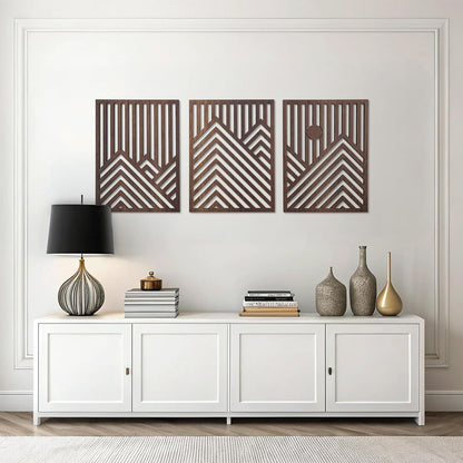 qmmp Modern Wooden Wall Sculptures - Set of 3 - Home Decor Accent - Large Wall Art for Living Room, Bedroom, Office - Easy Installation (Oak, Medium - Mountain and Sun)