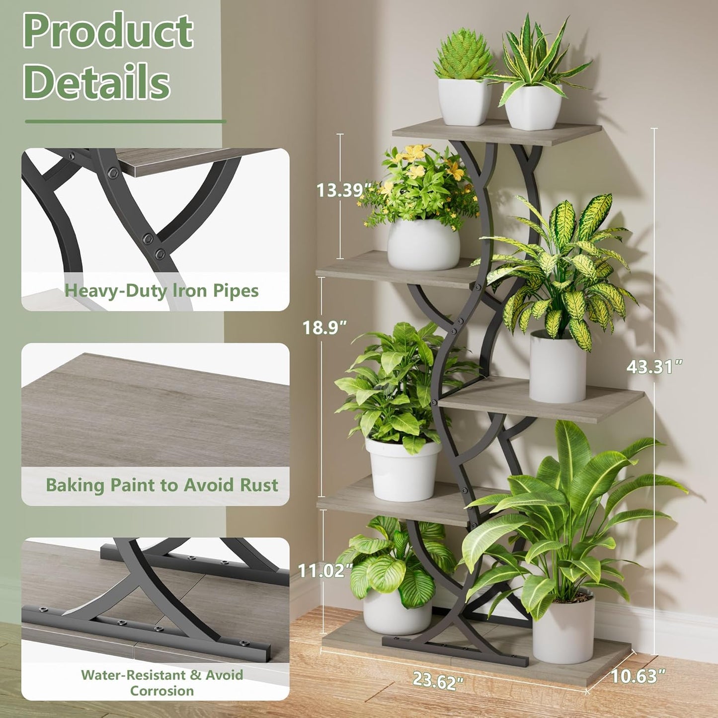 Plant Stand Indoor with Grow Lights - 44" Tall Corner Plant Stands for Indoor Plants, 5 Tiered Metal Plant Shelf, Curved Plant Flower Holder Dispaly Rack for Living Room, Home Patio Balcony (Black)
