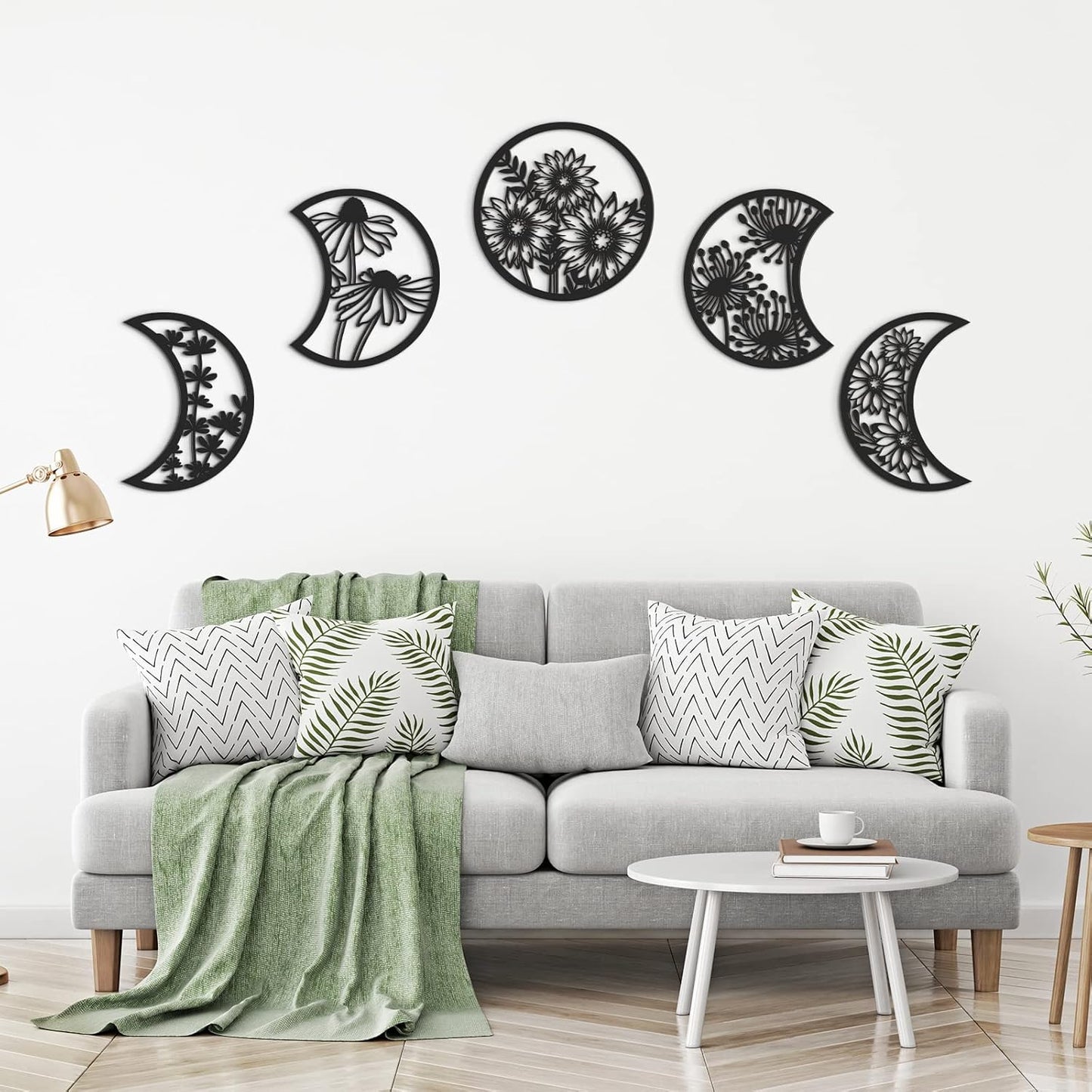 Jetec 5 Pcs Moon Phase Wall Art Decor Wall Pediments Hanging Wooden Phase Spiritual Bedroom Nordic Boho Lunar Aesthetic Art for Living Room Dorm Apartment Ornament(Brown,10.6 Inch,Botanical)