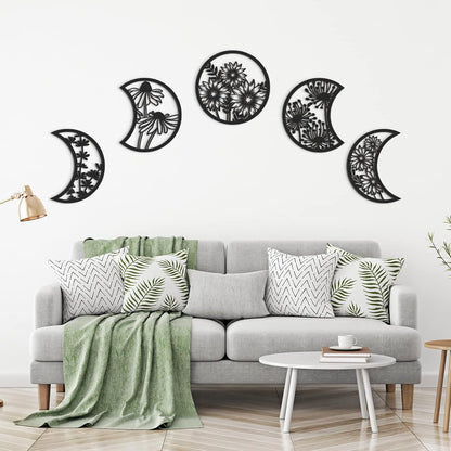 Jetec 5 Pcs Moon Phase Wall Art Decor Wall Pediments Hanging Wooden Phase Spiritual Bedroom Nordic Boho Lunar Aesthetic Art for Living Room Dorm Apartment Ornament(Brown,10.6 Inch,Botanical)