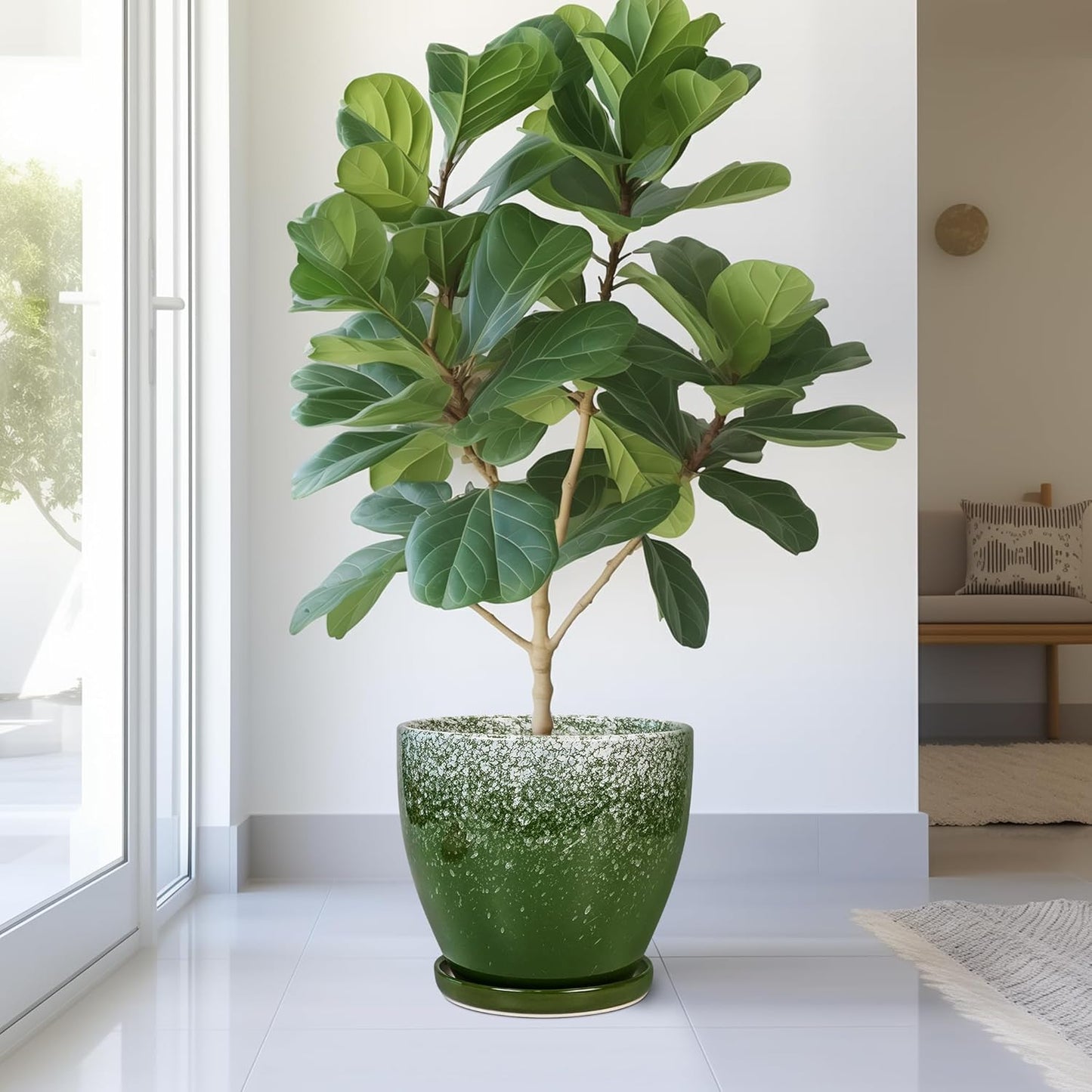10 Inch Ceramic Planter Pot Round Plant Pot for Indoor Plants Outdoor Large Flower Pot with Drainage Hole and Saucer Blue