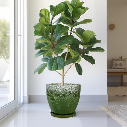 10 Inch Ceramic Planter Pot Round Plant Pot for Indoor Plants Outdoor Large Flower Pot with Drainage Hole and Saucer Blue