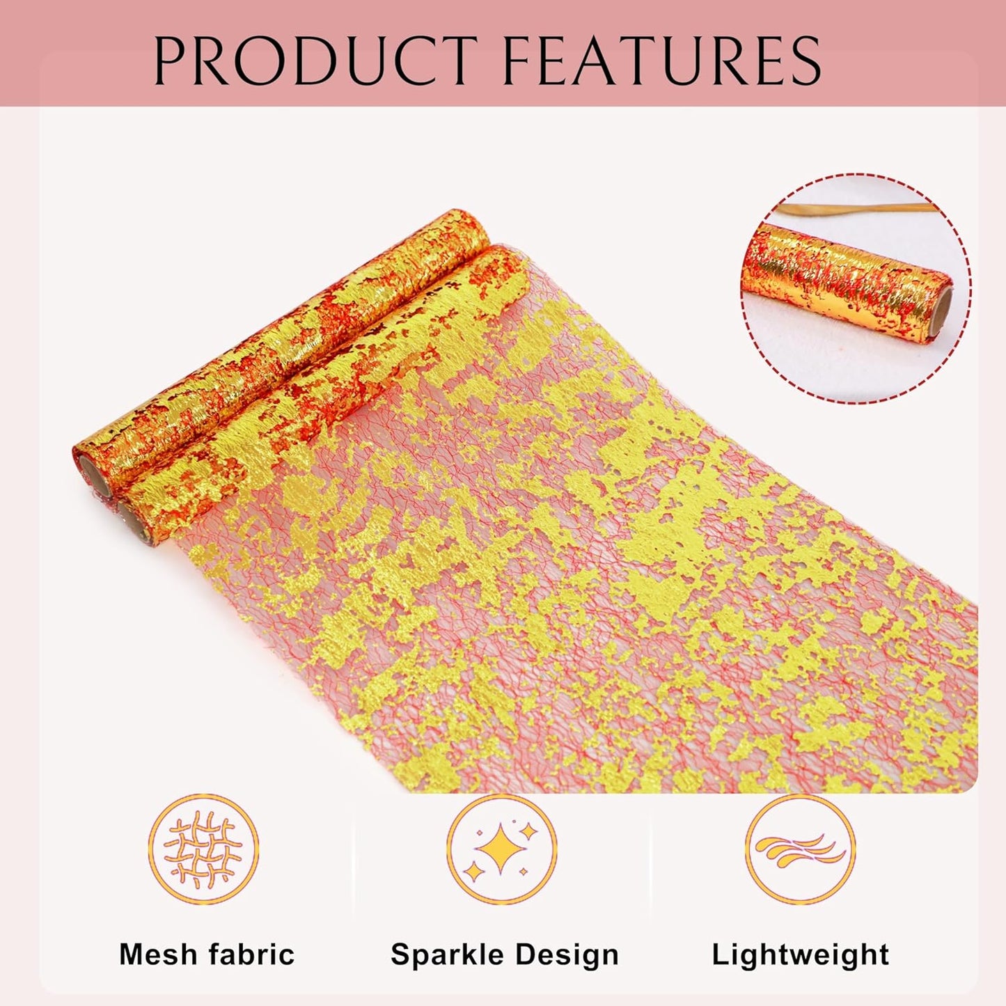 Snowkingdom 2 Pieces Gold Table Runner, Sequin Glitter Foil Metallic Thin Mesh Runner Roll 11"x108", Gold Table Decorations for Event Party, Wedding, Birthday Party, Christmas