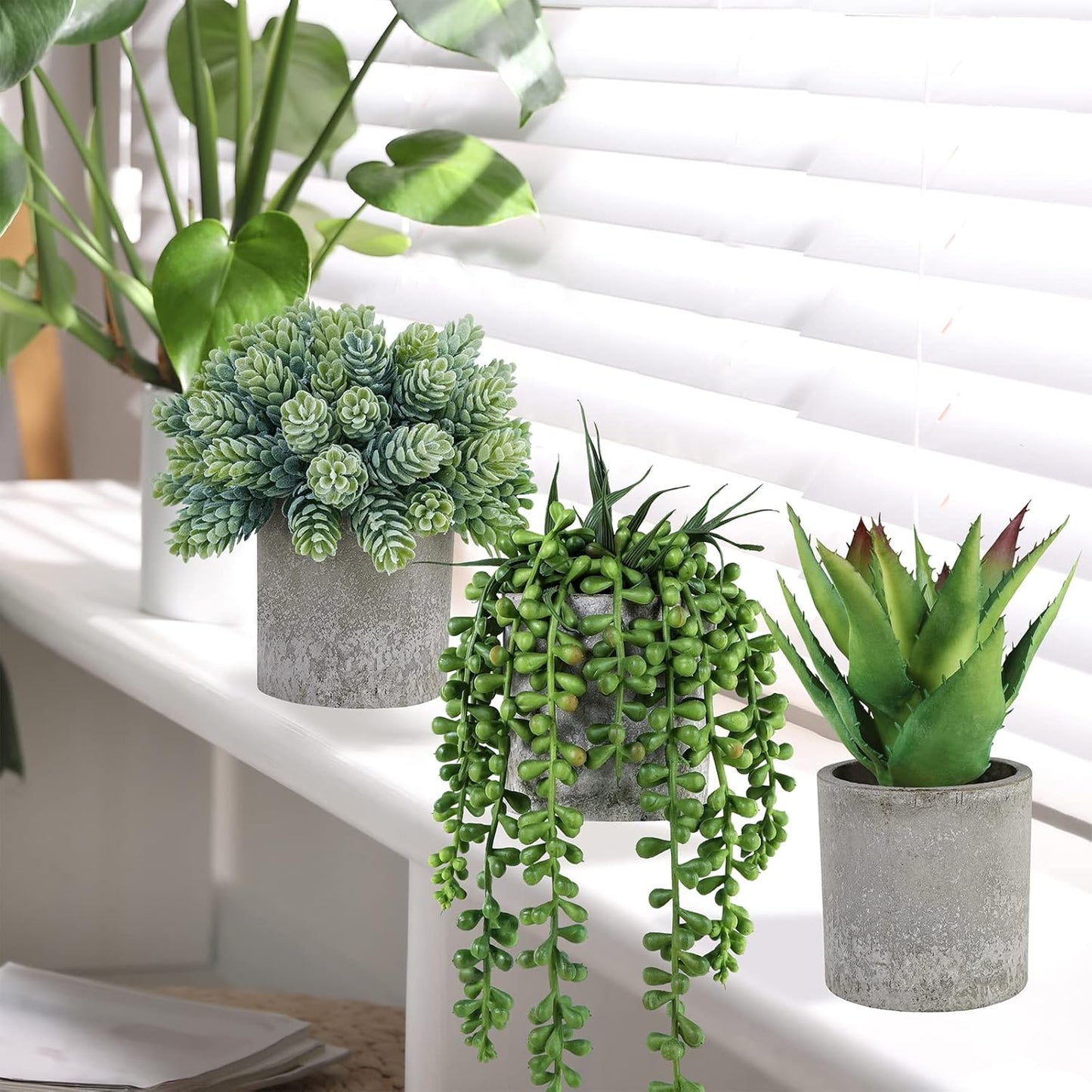 Winlyn Set of 3 Mini Potted Succulents Artificial String of Pearls Aloe Hops Succulent Plants in Gray Pots for Gifts Table Shelves Windowsill Office Desk Indoor Greenery Decorations Wedding Favors