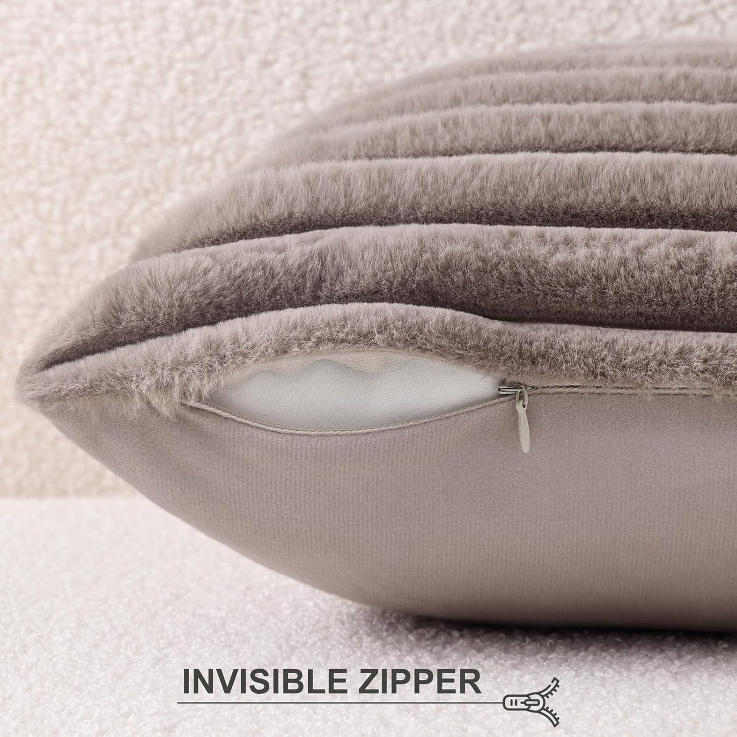 Pallene Faux Fur Plush Throw Pillow Covers 18x18 Set of 2, Luxury Soft Fluffy Striped Decorative Pillow Covers for Sofa, Couch, Living Room, Cream White