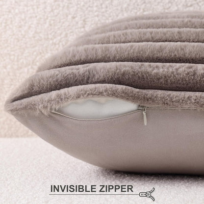Pallene Faux Fur Plush Throw Pillow Covers 18x18 Set of 2, Luxury Soft Fluffy Striped Decorative Pillow Covers for Sofa, Couch, Living Room, Cream White