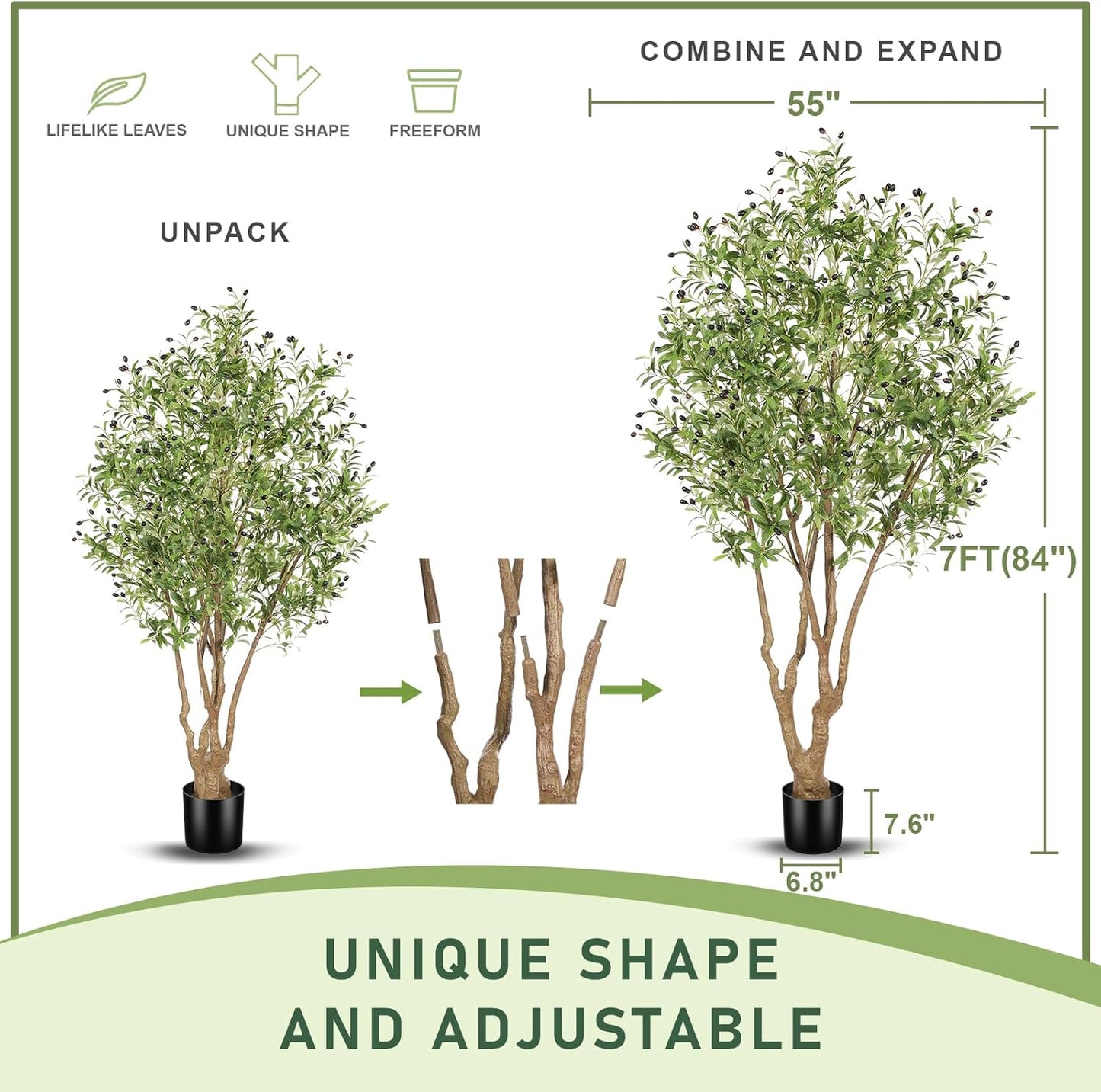 LYERSE Faux Olive Tree 7ft - Artificial Olive Tree Indoor with Large Branches and Realistic Fruits - Fake Olive Tree with Sturdy Base for Modern Home Office House Decor