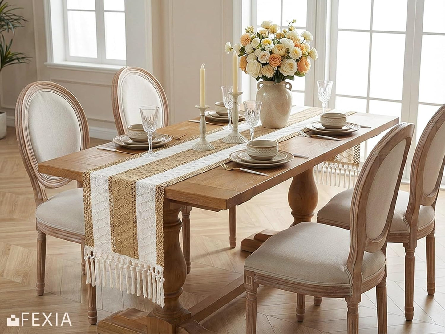 FEXIA Boho Table Runner for Thanksgiving Fall Christmas Home Decor with Tassels 72 Inches Long Pottery barn Furniture Farmhouse Rustic Macrame Burlap Table Decoration for Living Room (12x72 Inches)