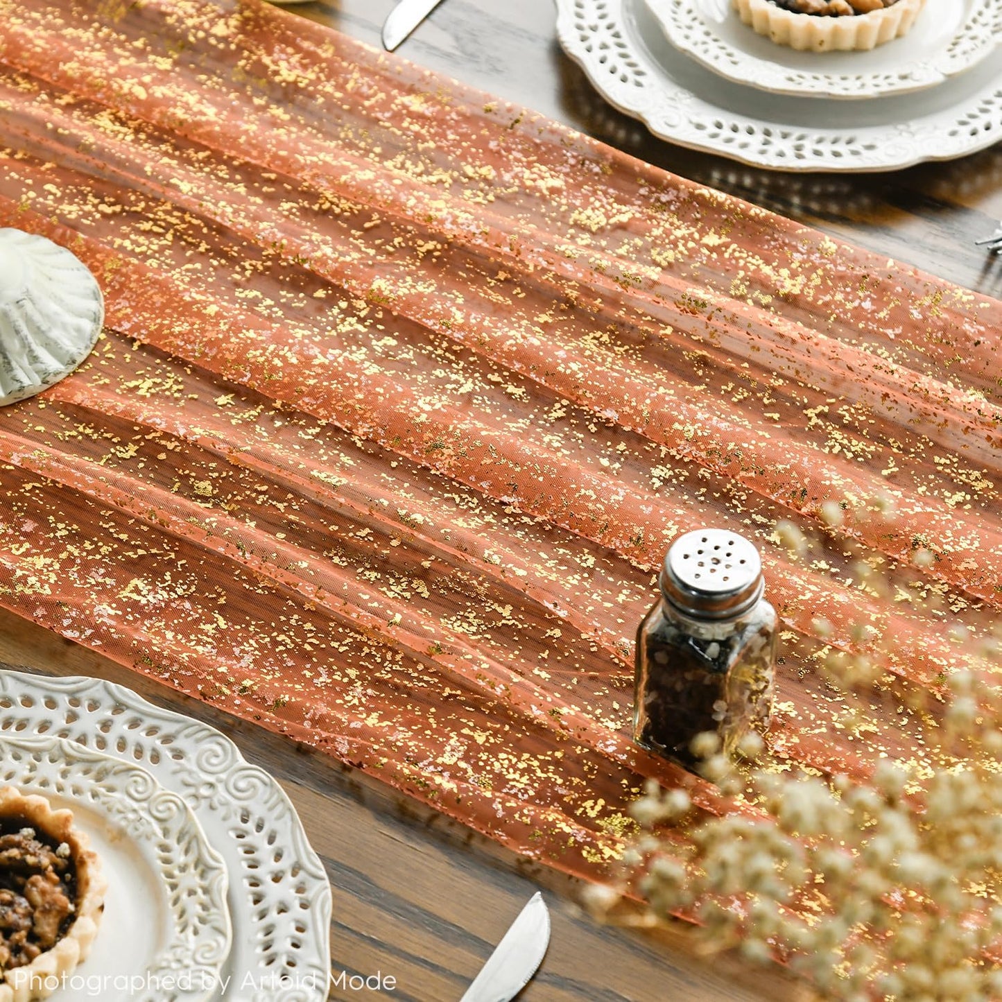 Artoid Mode Beige Gold Gauze Table Runner 120 Inch 10FT, Glitter Metallic Foil Sheer Dining Wedding Anniversary Holiday Birthday Table Decor for Home Party