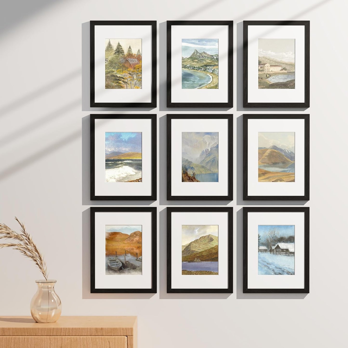 Vittanly 8x10 Picture Frames Set of 9, Shatter Resistant Plexiglass, Display 5x7 Pictures with Mat or 8x10 without Mat, Photo Frames for Wall or Tabletop, Engineered Wood, Black - Colors A