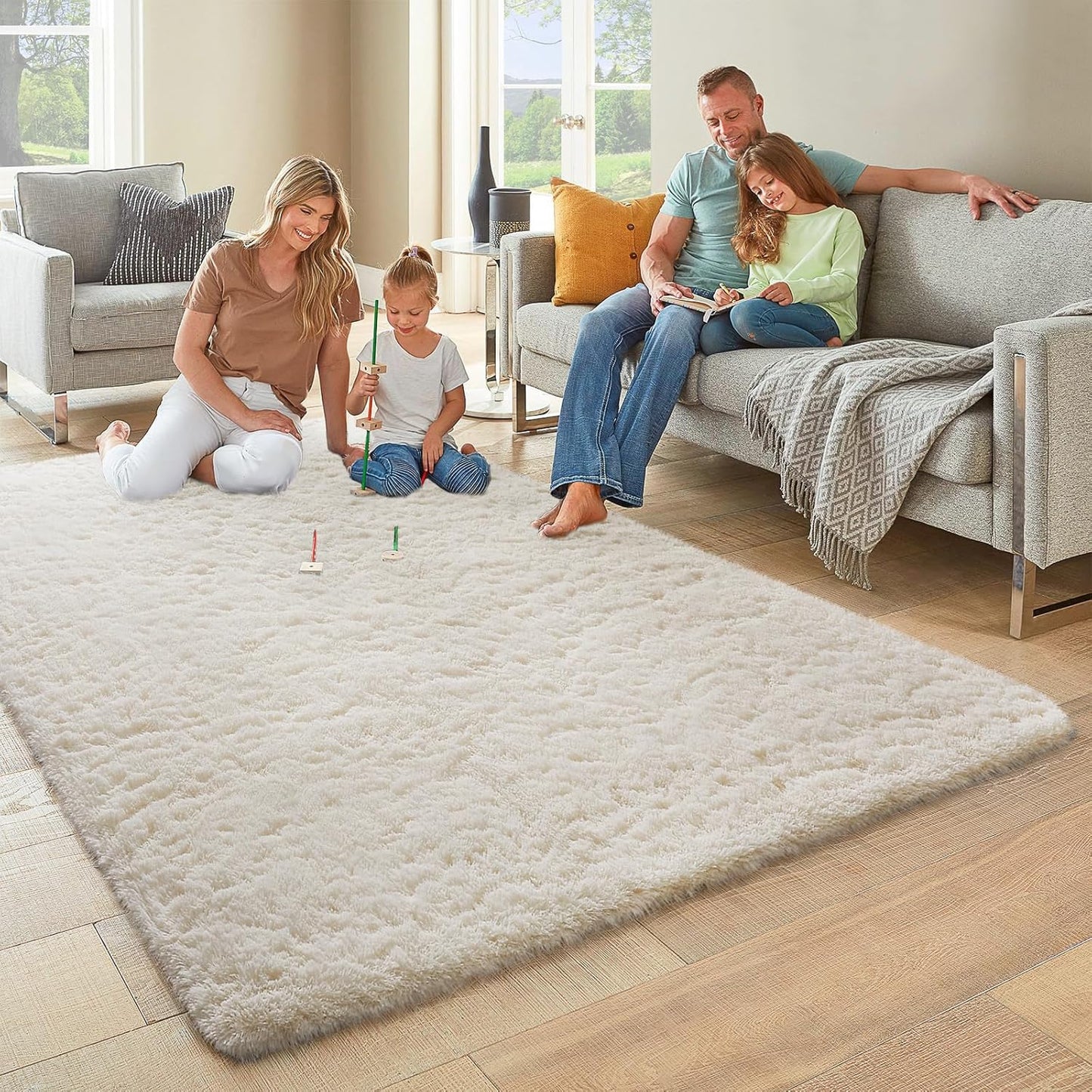 Ophanie Round Rugs 5Ft Ivory Circle Area Rug, Nursery Room Decor, Christmas Aesthetic Bedroom Home Circular Carpet 5 Foot, Fluffy Fuzzy Shag Plush Cream Living Room Rugs for Kids Boys Girls Teen Baby