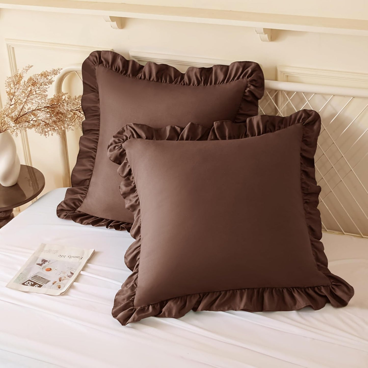 KKJIAF Ruffle Pillow Cases 26x26 Inches, White Square Ruffled Pillow Covers Set of 2, Microfiber Wrinkle Resistant Pillow Shams with Envelope Closure for Sofa Bed Living Room