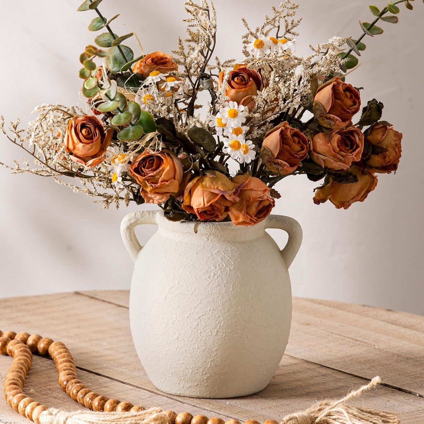 Dobbyby Ceramic Flower Vase 7.6 inch Farmhouse Rustic Vase Decorative Pottery Terracotta Vases for Home Decor Table Mantle Fireplace Living Room Bathroom Wedding Centerpiece (Whitewashed)
