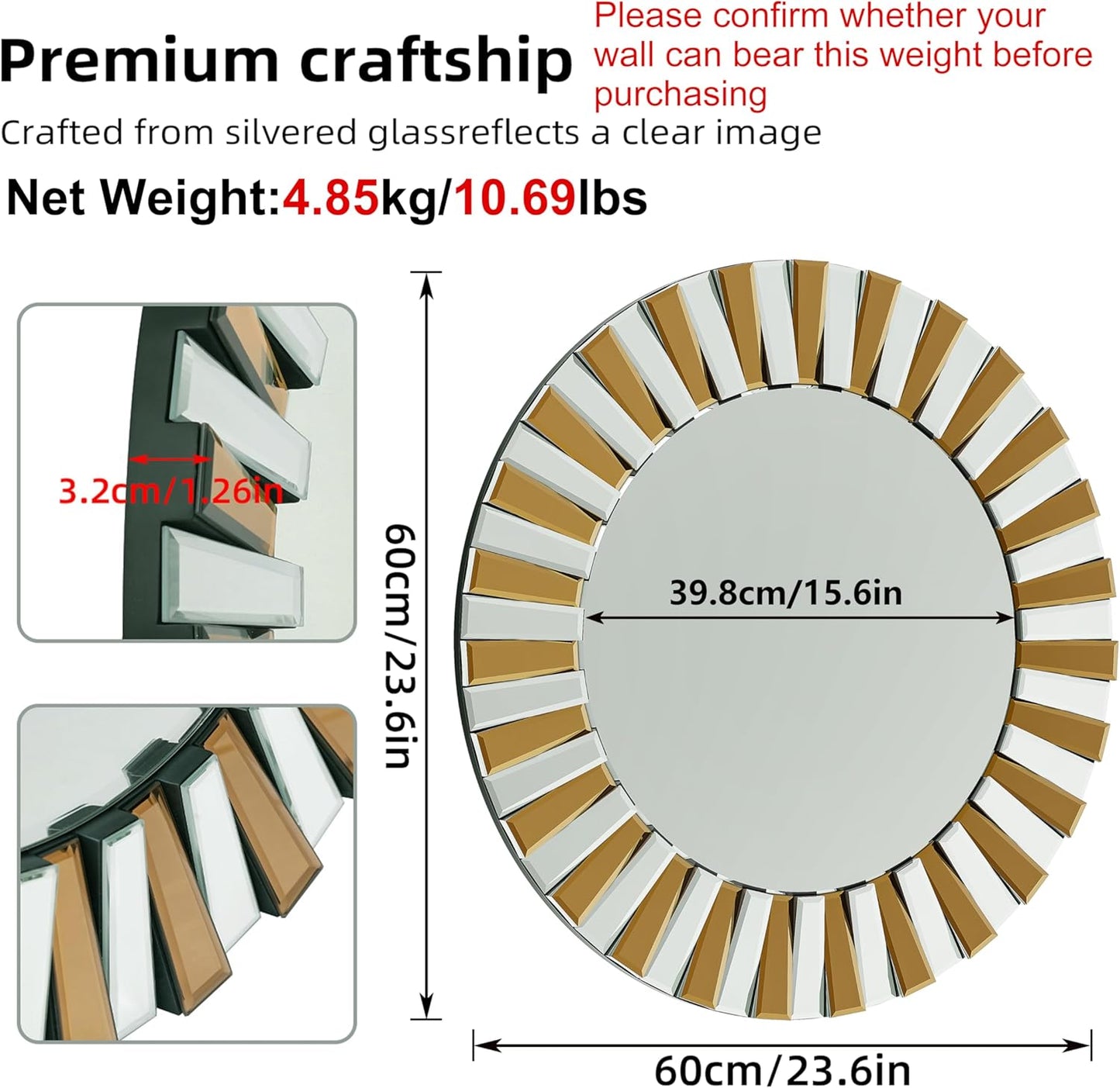 Round Wall Mirror Decorative Sunburst Silver-Brown Crystal Edge 32 inch