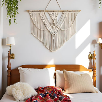 guzhiou large macrame wall hanging - Boho Tapestry Macrame Wall Decor Art- Chic Bohemian Handmade Woven Tapestry Home Decoration for Bedroom Living Room Apartment Wedding Party - 43"x32" (Wood bead)