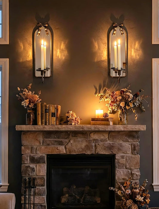 Gold Candle Sconces Wall Decor: Modern Decorative Wall Candle Holder Set of Two for Bedroom - Vintage French Metal Bow Mirror Sconces Beside Fireplace TV