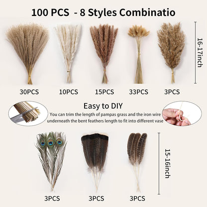 Bpole Dried Pampas Grass Bouquet - 92 Pcs 11-13 inch Pampas Grass Decor with Bunny Tails,Eucalyptus & Lavender Dried Boho Flowers for Vase Wedding Home Table Decor,Rustic Farmhouse Party