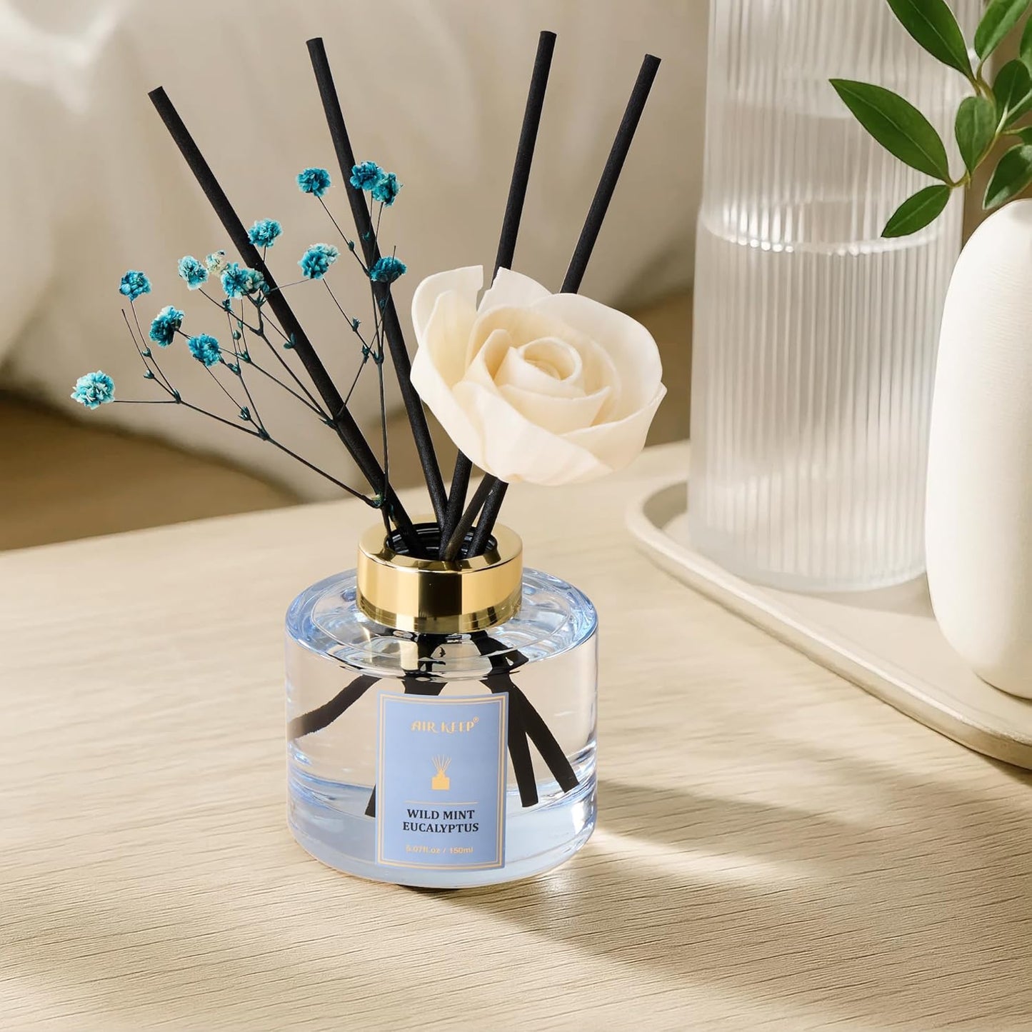 Airkeep Flower Reed Diffusers Set, 5.07 oz Freesia/Passion Fruit/Orange Scented Oil Diffuser with 8 Reed Sticks, Home Fragrance Diffuser Gift Set for Bathroom & Office Decor 150ml