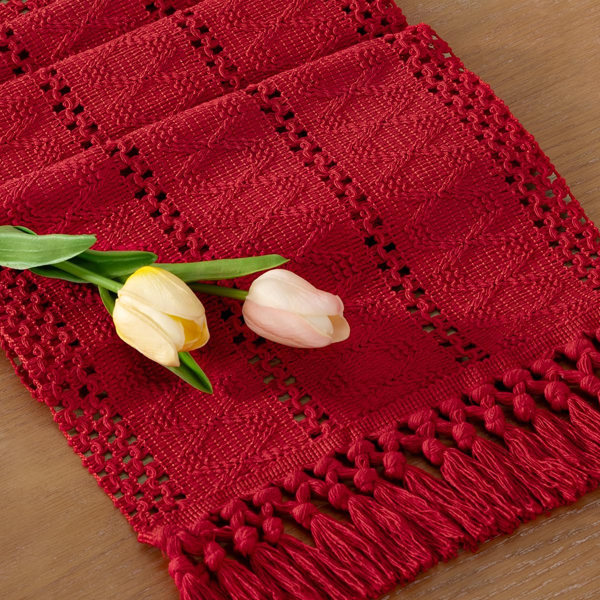 Socomi Boho Table Runner Summer Farmhouse Rustic Dining Kitchen Centerpiece Decor Small Macrame Woven Cotton Linen Coffee Table Runner for Dresser Scarf Home Decor 12x36 inch Beige