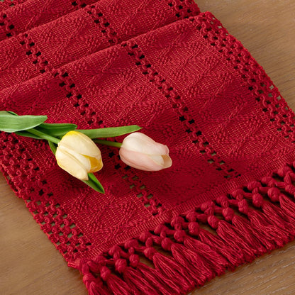 Socomi Boho Table Runner Summer Farmhouse Rustic Dining Kitchen Centerpiece Decor Small Macrame Woven Cotton Linen Coffee Table Runner for Dresser Scarf Home Decor 12x36 inch Beige